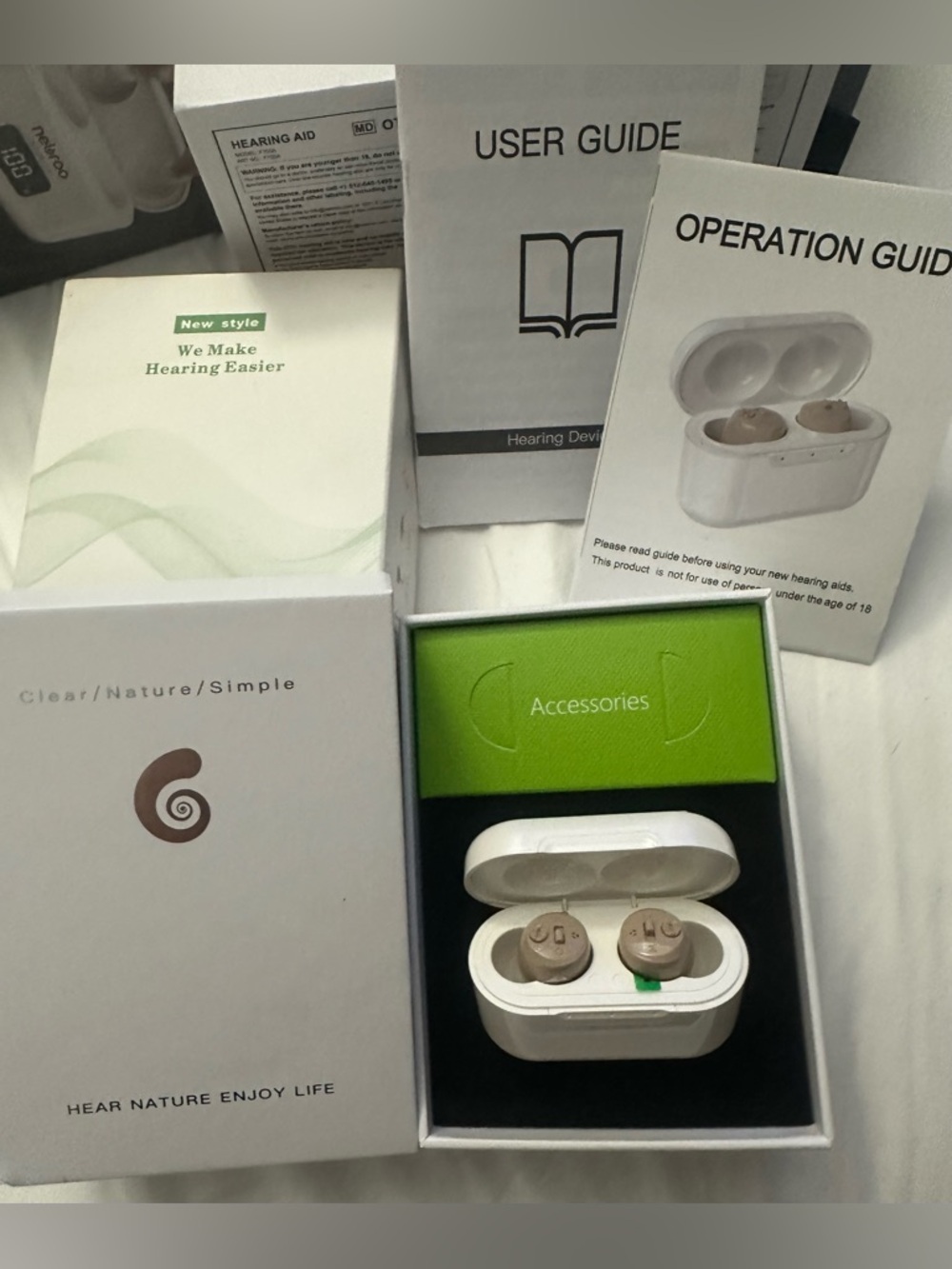 Beige In-Ear Rechargeable Hearing Aids with Charging Case